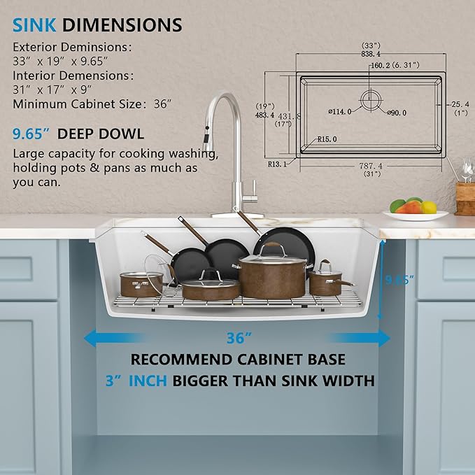 33"x19" Granite Composite Kitchen Sink - White Undermount Ledge Workstation Quartz Classic Luxury Under Counter Single Bowl Sink Basin
