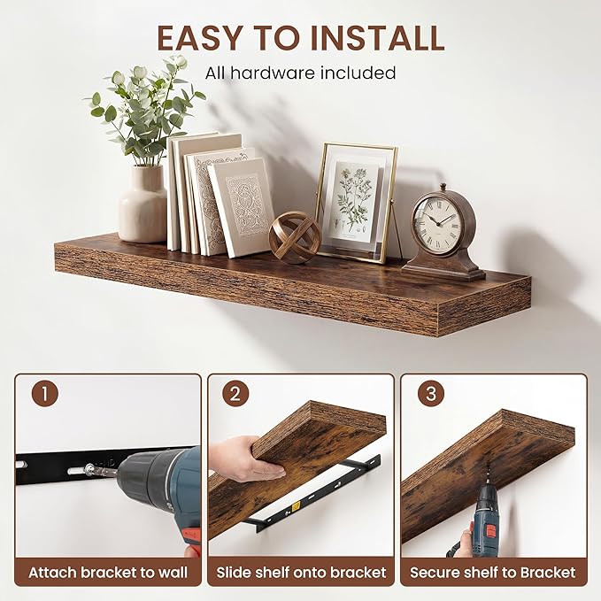 Dreamland 32 Inches Floating Shelves for Wall, 9.3" Deep Long Floating Shelves Set of 2, Large Display & Storage Shelf, Wall Shelf for Bathroom Bedroom Living Room Kitchen Office, Rustic Brown