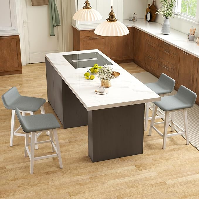 Giantex 24" Bar Stools Set of 2, Upholstered Counter Height Barstools with Low Back, Footrest, Armless Wood Bar Chairs for Kitchen Island, Dining Room, White & Gray