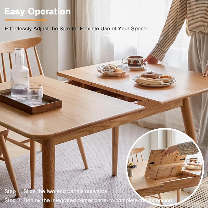 Solid Oak Extendable Dining Table for 4-6 People, 47.2 to 63 Inch, Seamless Expansion, Round Corner Design with Diagonal Legs, Farmhouse Kitchen Table for Small Spaces (Natural)