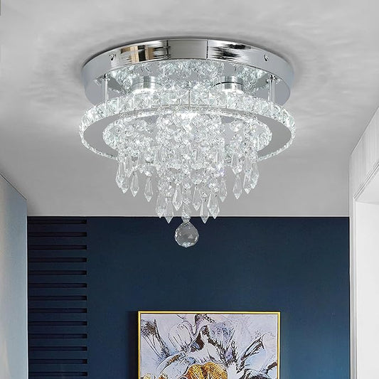 Deckrico Modern Crystal Chandelier 11.8" LED Ceiling Light Chrome Flush Mount Lighting Fixture for Bedroom, Hallway, Kitchen, Dining Room – Cool White