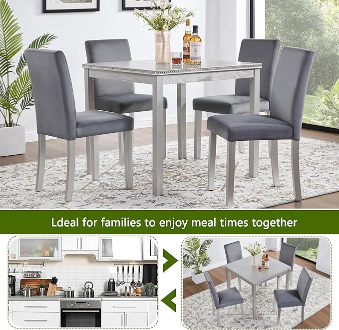 5 Piece Dining Table Set for 4, Square Wooden Kitchen Table with 4 Upholstered Chairs, Elegant Silver Grey Dining Room Set with Crystal Decoration