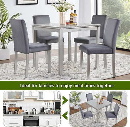 5 Piece Dining Table Set for 4, Square Wooden Kitchen Table with 4 Upholstered Chairs, Elegant Silver Grey Dining Room Set with Crystal Decoration