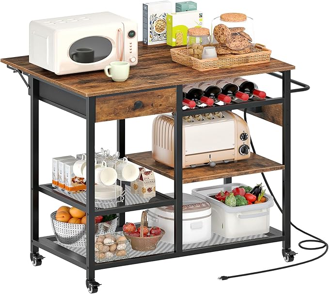 HOOBRO Kitchen Island with Power Outlet, Rolling Kitchen Cart with Drop Leaf, Island Table with Extendable Worktop and Adjustable Shelf, Kitchen Island Cart for Dining Room, Rustic Brown BF22UZD01
