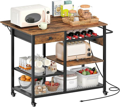 HOOBRO Kitchen Island with Power Outlet, Rolling Kitchen Cart with Drop Leaf, Island Table with Extendable Worktop and Adjustable Shelf, Kitchen Island Cart for Dining Room, Rustic Brown BF22UZD01
