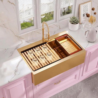 Rhbamoa 33 Inch Gold Farmhouse Sink,16 Gauge T304 Gold Single Bowl Apron Front Kitchen Farm Sink,10 Inch Depth Topmount Farmhouse Kitchen Sinks with All Golden Accessories