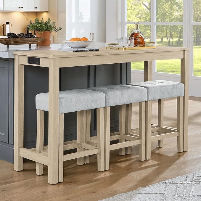 HMFULE 59'' Bar Table and Chairs Set with Power Outlet, Industrial Breakfast Table Set with 3 Padded Stools, Solid Wood Console Table Set for Living Dining Room, Light Oak