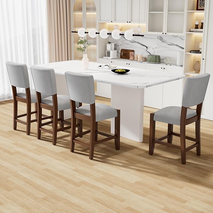 Merax Mid Century Modern Dining Chair Set of 4, 40.4" H Counter Stools with Back, Grey Linen Upholstered Barstools with Solid Wood Legs, Bar Chairs for Kitchen Island Dining Room