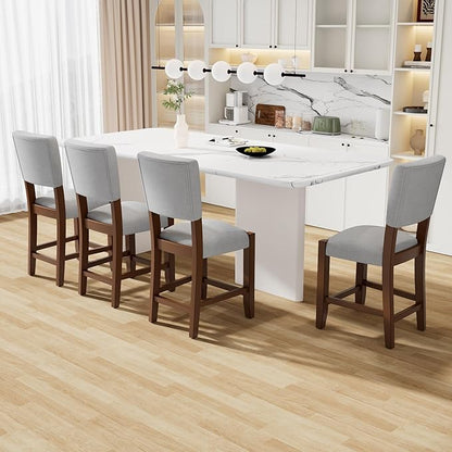 Merax Mid Century Modern Dining Chair Set of 4, 40.4" H Counter Stools with Back, Grey Linen Upholstered Barstools with Solid Wood Legs, Bar Chairs for Kitchen Island Dining Room