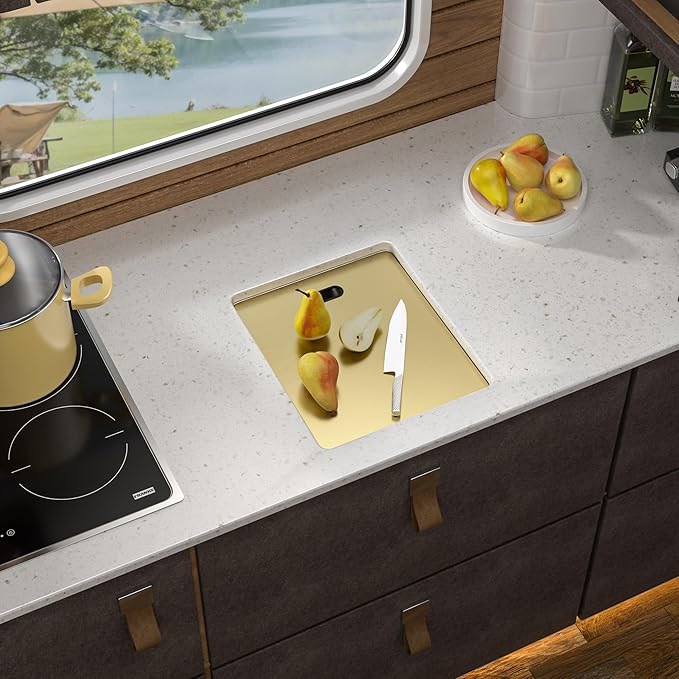 13"x15" Undermount RV Kitchen Sink Workstation – Brushed Gold NANO-PVD, 16 Gauge 304 Stainless Steel, Single Bowl Basin with Foldable Faucet for RV, Camper, Mobile Home, Wet Bar