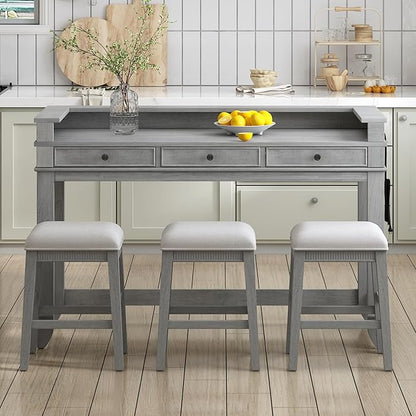 4-Piece Dining Bar Table Set with 3 Upholstered Stools, Multifunctional Dining Table with 3 Drawers,USB Port and a Power Strip, Perfect for Small Spaces (Gray//USB)