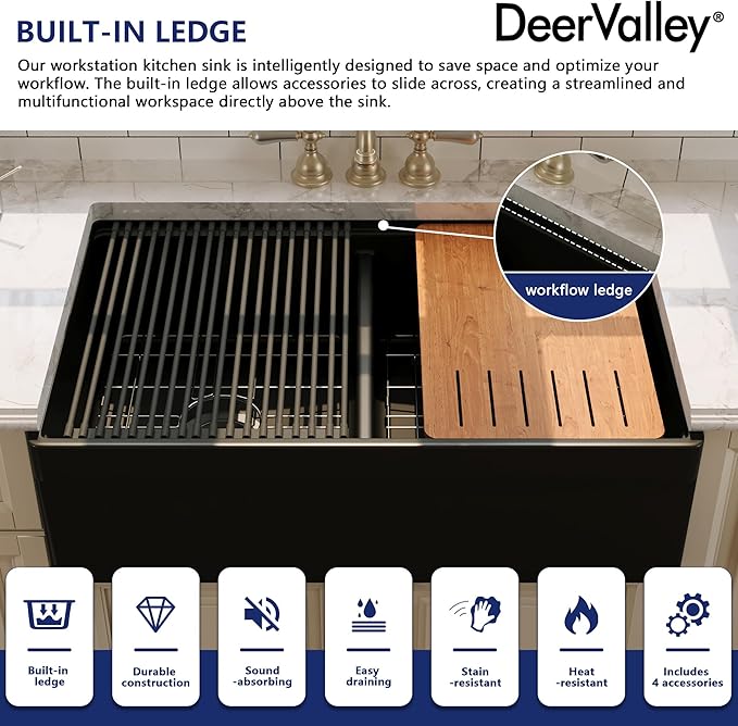 DeerValley 33 inch Workstation Kitchen Sink, Black Fireclay Farmhouse Sink, Double Bowl Apron Front Deep Drop-in Undermount Sink with Workstation Accessories