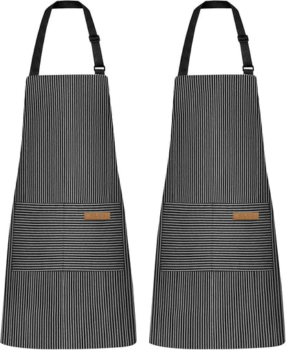 NLUS 2 Pack Kitchen Cooking Aprons, Adjustable Bib Soft Chef Apron with 2 Pockets for Men Women (Black Pinstripes)