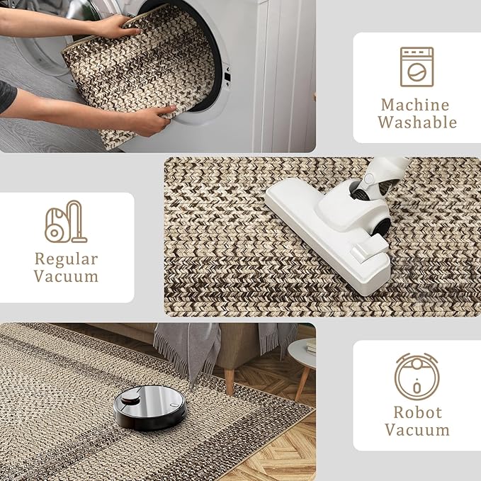 Imitation Braided Collection-Print Farmhouse Living Room Area Rug 8x10 Non-Slip Washable Rugs, Modern Large Carpet, Stain Resistant Ultra-Thin Foldable Floor Cover for Nursery Dining Room