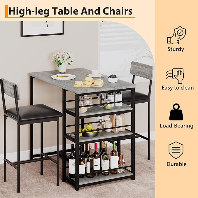 Takywep Dining Table Set for 2 with 3 Large Storage Shelves, Kitchen Table and Chairs for 2 with Pu Cushion Chairs & Thick Wood Top, 3 Piece Dining Table Set for Small Space, Apartment, Gray