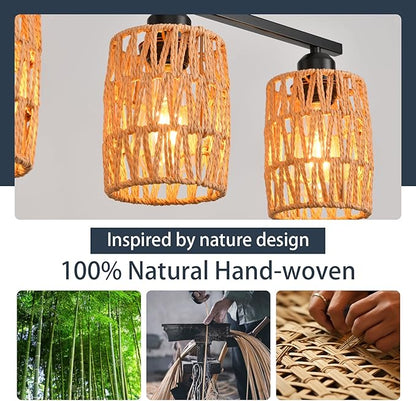 Rattan Pendant Lights for Kitchen Island,6-Light Boho Coastal Chandelier,Bohemian Rustic Pendant Light Fixture for Dining Room,Height Adjustable,Matte Black Farmhouse Woven Hanging Lights Over Table