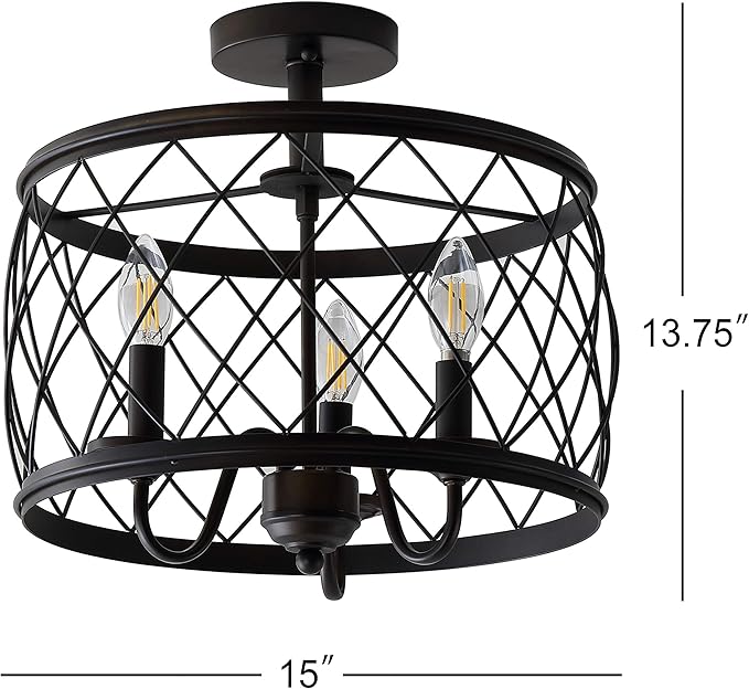 JONATHAN Y 15" Oil Rubbed Bronze LED Semi Flush Mount Ceiling Light, 3-Light Modern Industrial Drum Fixture for Bedroom Living Room Hallway, Gold Metal Cage Shade (JYL9037B)
