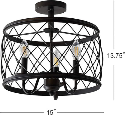 JONATHAN Y 15" Oil Rubbed Bronze LED Semi Flush Mount Ceiling Light, 3-Light Modern Industrial Drum Fixture for Bedroom Living Room Hallway, Gold Metal Cage Shade (JYL9037B)