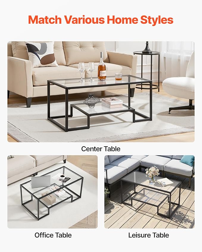 VEVOR Glass Coffee Table, Modern Glass Coffee Table, 2 Tiers Rectangle Glass Center Desk with Open Storage, Minimalist Sturdy Metal Frame Accent End Desk for Living Room, Office, Easy Assembly