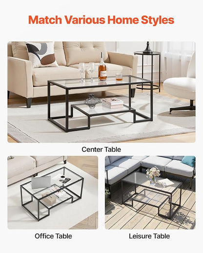 VEVOR Glass Coffee Table, Modern Glass Coffee Table, 2 Tiers Rectangle Glass Center Desk with Open Storage, Minimalist Sturdy Metal Frame Accent End Desk for Living Room, Office, Easy Assembly