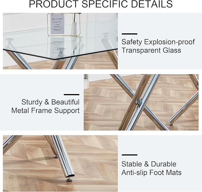 71” Rectangle Dining Table, Large Modern Dining Table for 6–8 People with 0.4" Thickened Tempered Glass Top, Glass Kitchen Table with Silver Metal Legs for Dining Room