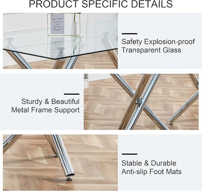 71” Rectangle Dining Table, Large Modern Dining Table for 6–8 People with 0.4" Thickened Tempered Glass Top, Glass Kitchen Table with Silver Metal Legs for Dining Room