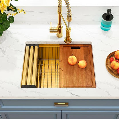 Gold Undermount Kitchen Sink 23 inch,Single Bowl Undermount Sink 16 gauge Stainless Steel,Workstation Kitchen Sinks with Gold Accessories (23" X 18")
