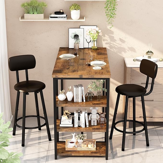 DKLGG Dining Table Set for 2, Counter Height Bar Table Set with Storage ＆ Stools, High Top Pub Table and Chairs for Kitchen, Dining Room, Sofa Side, Apartment, Breakfast Nook, Brown