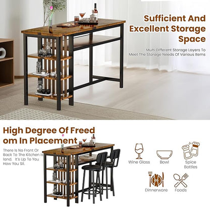DKLGG Bar Table and Chairs Set for 2, 3-Piece Counter Height Dining Table with Stools, Hightop Kitchen Island Table with Storage Shelves for Kitchen, Bar, Pub, Bistro