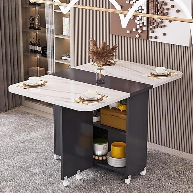Wooden Folding Dining Table with Drop Leaf, Space-Saving Kitchen Island Table with Wheels, Hidden Storage(Gray White,47.2inch)