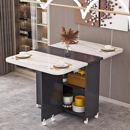 Wooden Folding Dining Table with Drop Leaf, Space-Saving Kitchen Island Table with Wheels, Hidden Storage(Gray White,47.2inch)