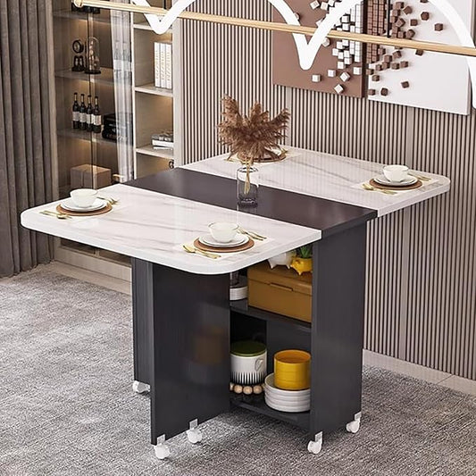 Wooden Folding Dining Table with Drop Leaf, Space-Saving Kitchen Island Table with Wheels, Hidden Storage(Gray White,55.1inch)