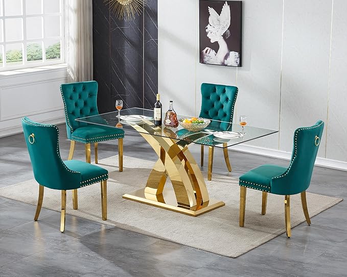 Luxury Gold Glass Dining Table for 6-8 Modern 70" Rectangular Kitchen Table with Stainless Steel Base Large Clear Glass Top Dining Room Tables for Home Office