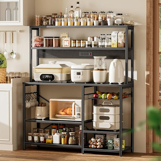 SUPERJARE Bakers Rack with Power Outlet, 47.2 Inches Coffee Bar with 3 Level-Adjustable Open Shelves, Wire Basket, Kitchen Microwave Stand with 6 S-Shaped Hooks, Black