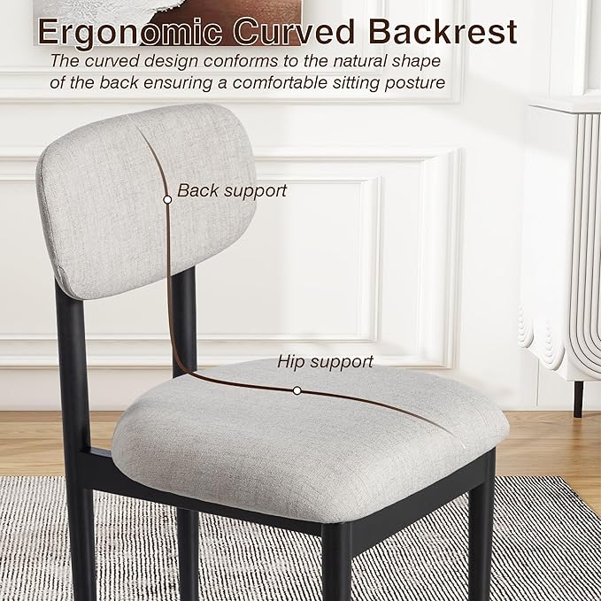 Casaphoria Upholstered Dining Chairs Set of 2, Mid-Century Modern Kitchen Chairs with Solid Wood Legs & Thick Cushion, Ergonomic Fabric Accent Chairs for Dining Room, Vanity & Office, Gray and Black