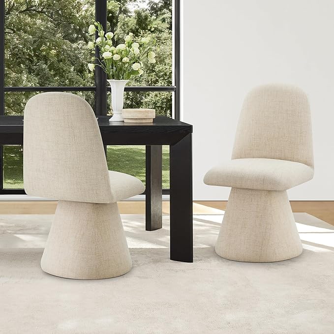 KISLOT Swivel Dining Chairs Set of 2, Modern Upholstered Dining Chair Mid Century Kitchen Chairs with Wave Shaped High Back, 360 Degree Rotating Vanity Chair for Dining Room, Bedroom, Farmhouse, Sand