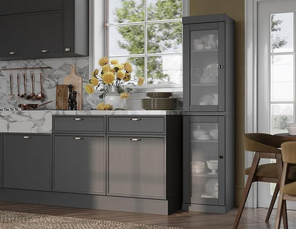 Palace Imports Solid Wood Kitchen Pantry Cabinet w/Frosted Glass Doors - Narrow Storage Cabinet - 16.5" Wide x 71.5" Tall - Gray, Adjustable Shelves, 100% Eco-Friendly Wood, Modular Cabinets
