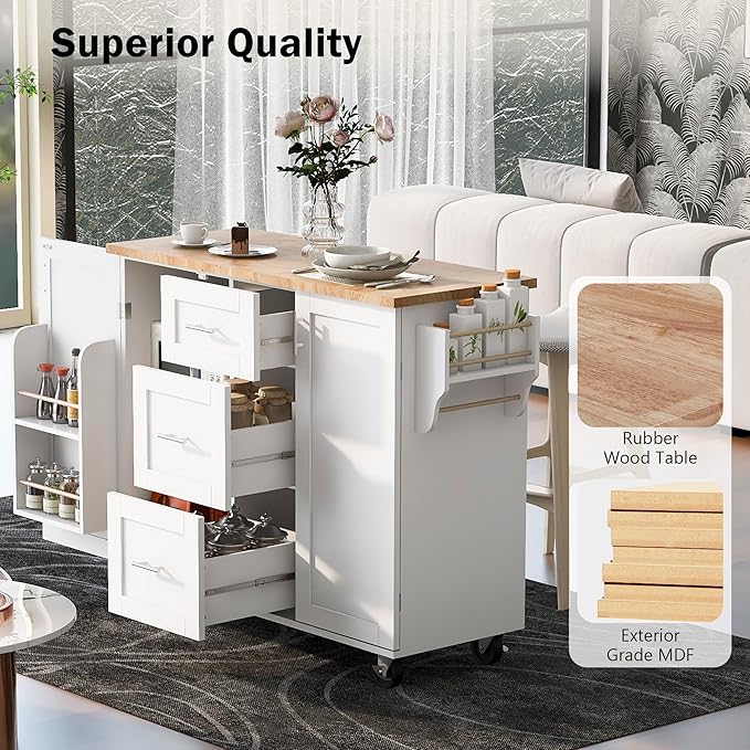 RUNNA Rolling Kitchen Island with Storage, White09, 3 Drawer, 2 Slide-Out Shelf, Internal Storage Rack, Kitchen Cart on Wheels with Spice Rack & Tower Rack