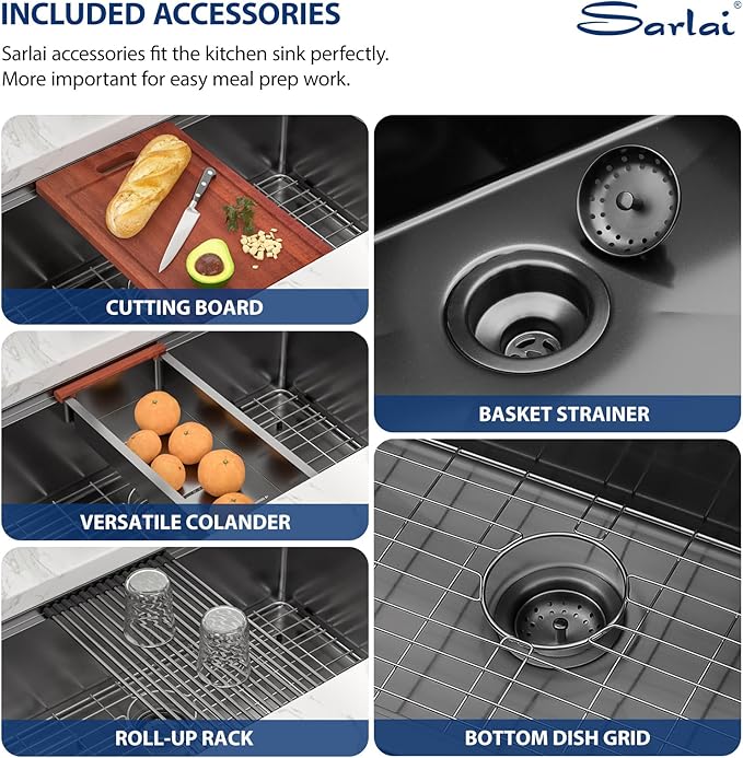 Sarlai 28 Black Stainless Kitchen Sink - 28 x18 Inch Undermount Kitchen Sink Workstation Gunmetal Black 16 Gauge Stainless Steel Single Bowl 10" Deep Under Counter Kitchen Sinks Basin