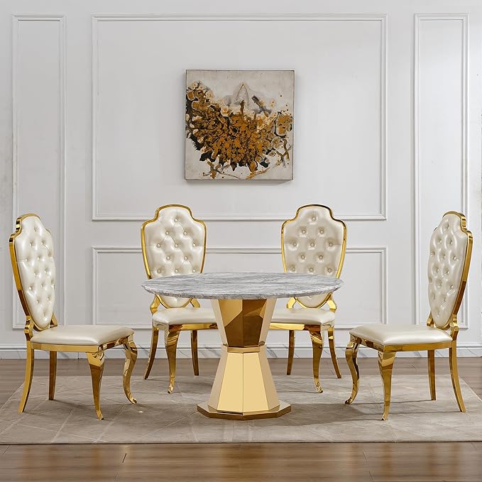 47" Round Marble Dining Table for 4-6, Luxury Modern Kitchen Table with Marble Grain MDF Tabletop & Gold Mirrored Stainless Steel Pedestal Base, Grey Stone Dinner Table for Dining Room (Table Only)