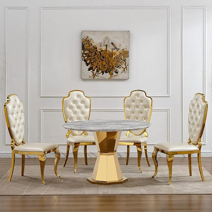 47" Round Marble Dining Table for 4-6, Luxury Modern Kitchen Table with Marble Grain MDF Tabletop & Gold Mirrored Stainless Steel Pedestal Base, Grey Stone Dinner Table for Dining Room (Table Only)