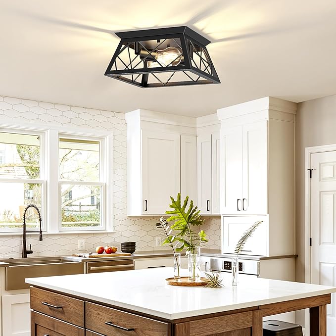 FadimiKoo 2-Light Black Flush Mount Ceiling Light Fixture, Industrial Hallway Light Fixtures Ceiling Mount for Farmhouse Kitchen, Square Cage Ceiling Lamp for Dining Room, Living Room, Entryway