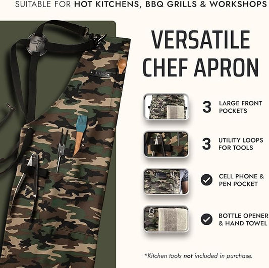 Asaya Chef and BBQ Apron with Bottle Opener and Hand Towel - 10oz Cotton Canvas, Stainless Steel Hardware - Cross Back Straps