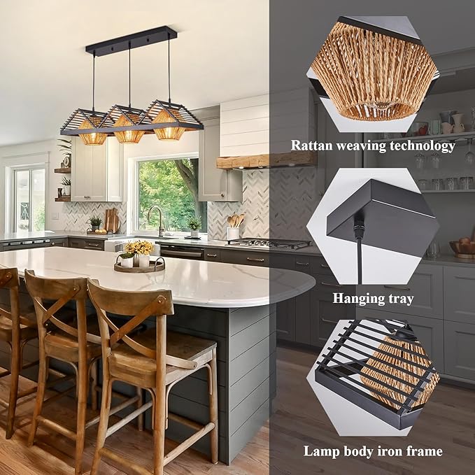 3-Lights Boho Chandelier,Dining Room Light Fixtures Over Table with Handwoven Shade, Rustic Pendant Lights for Kitchen Island,Adjustable Height Hanging Light