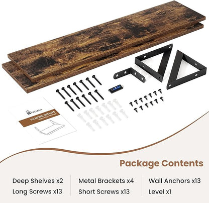 Axeman 48 Inch Floating Shelves | 8 Inch Deep Brown Wall Shelves Set of 2 | 47.3" W x 8" D Rustic Brown Wood Shelves for Bathroom Kitchen Living Room