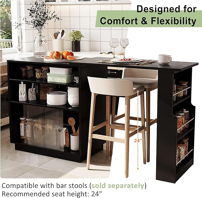 Modern Counter Height Dining Table,Extendable Kitchen Island & Buffet with Acrylic Sliding Doors,Pegboard,Half-Open Storage Shelves,Aluminum Alloy Handles (Black-MC)