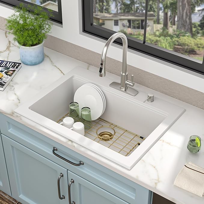 30"x22" Granite Composite Kitchen Sink – White Ledge Workstation Drop In Top-Mount Granite Quartz Classic Luxury Above Counter Single Bowl Sink Basin