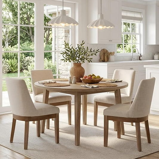 HNY Modern Dining Chairs Set of 4 with Comfortable Back Support, Farmhouse Soft Linen Upholstered Kitchen Dining Room Chairs with Solid Wood Legs, Armless Accent Side Chairs for Living Room, Beige