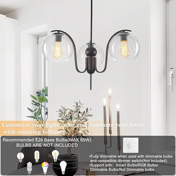 Industrial 3-Light Black Chandelier with Downward Curved Arms, Modern Pendant Light Fixture with Clear Glass Shade, Metal Hanging Ceiling Lighting for Kitchen, Dining Room, Entryway