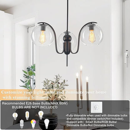 Industrial 3-Light Black Chandelier with Downward Curved Arms, Modern Pendant Light Fixture with Clear Glass Shade, Metal Hanging Ceiling Lighting for Kitchen, Dining Room, Entryway